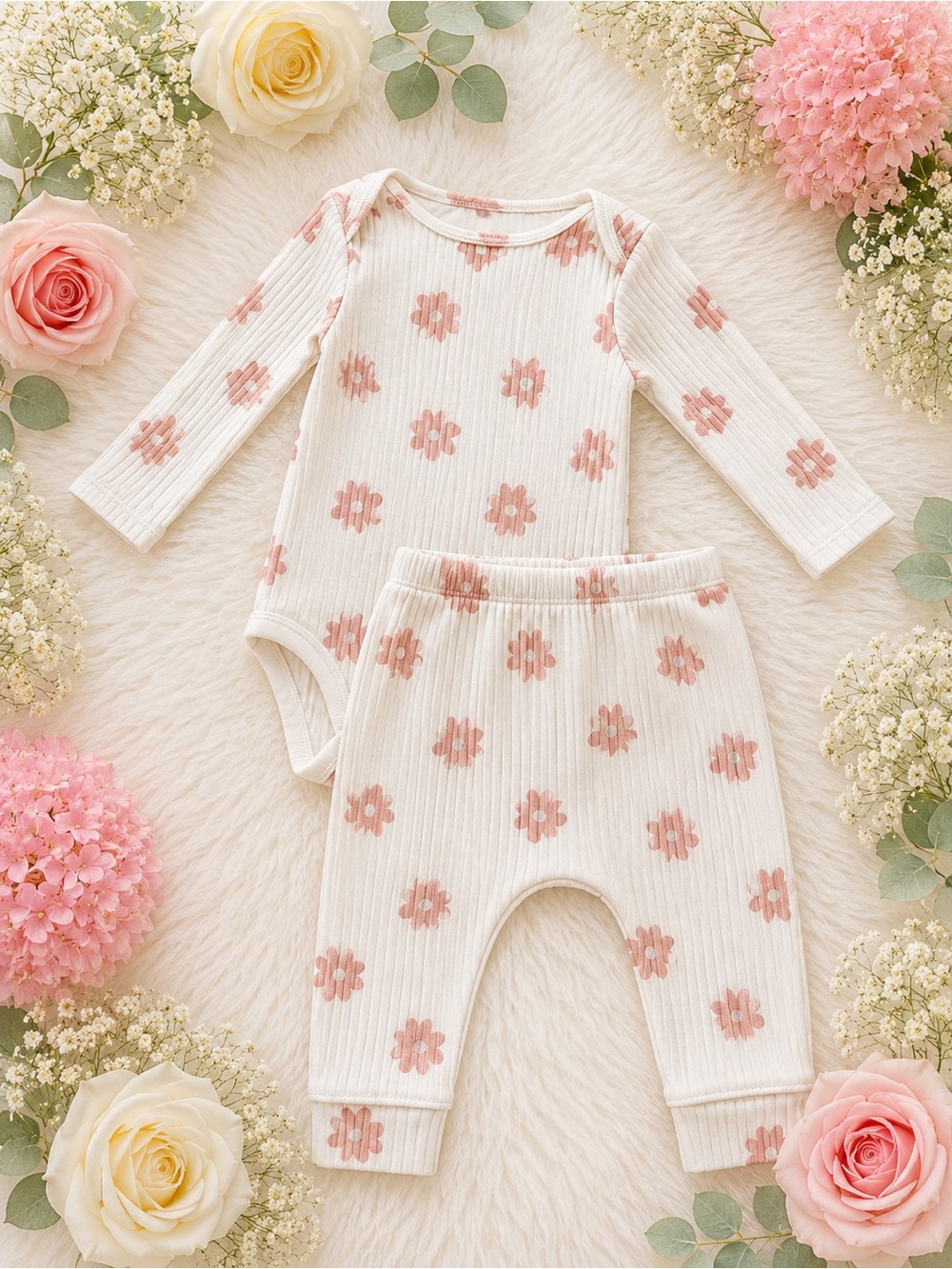 cloud island Cream and Pink Floral Ribbed Baby Matching Set